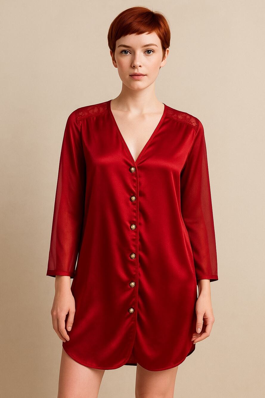 Vintage gold label Victoria’s Secret Red Satin Sheer Sleeve Button Blouse M/L